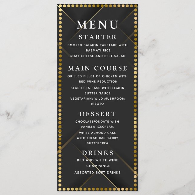 Delicate Gold and Black Wedding Dinner Menu (Frente)