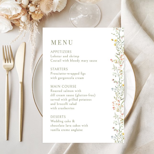 Delicate Meadow Wild Flower Wedding Menu Cards (Criador carregado)