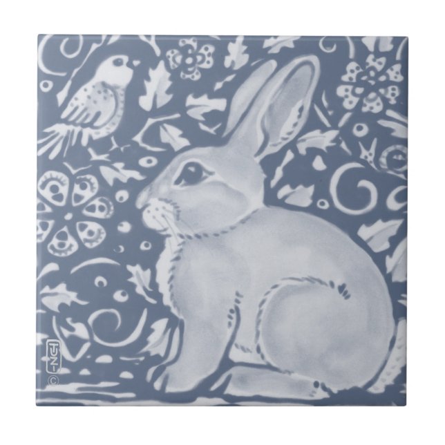Denim Blue Rabbit Bird Floral Dedham Delft (Frente)