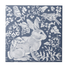 Denim Blue Rabbit Bunny Birds Floral Dedham Delft