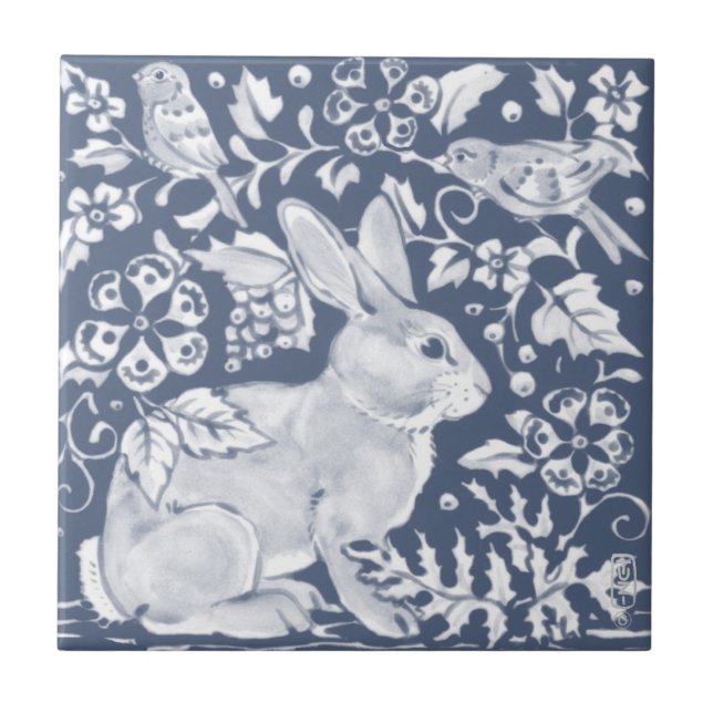 Denim Blue Rabbit Bunny Birds Floral Dedham Delft (Frente)