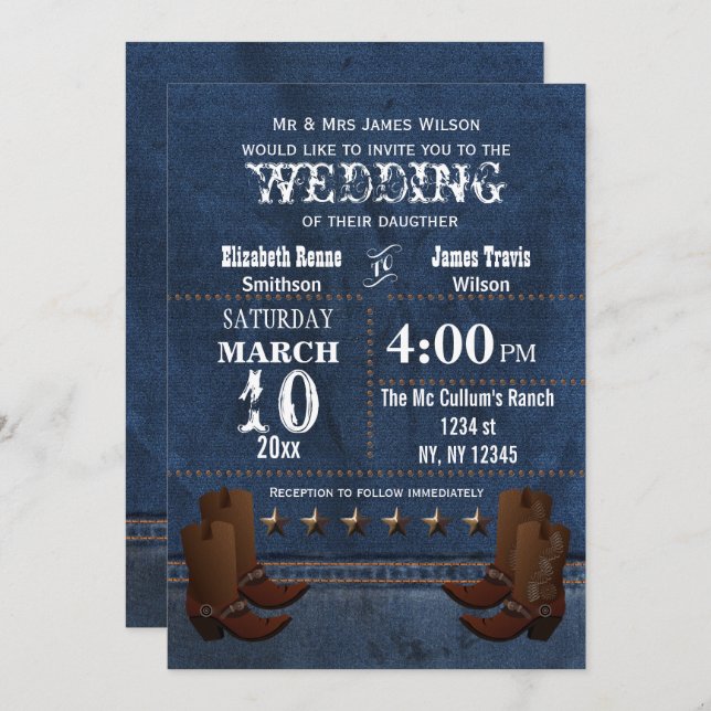 Denim Cowboy Botas Stars convite de casamento Ocid (Frente/Verso)
