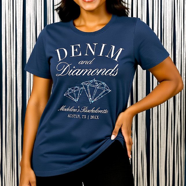 Denim Diamantes Festa de solteira Azul Personaliza (denim diamonds bachelorette shirt navy blue white matching bride crew cowgirl)