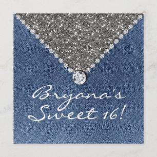 Denim Diamantes Silver Glitter Sweet 16 Convite