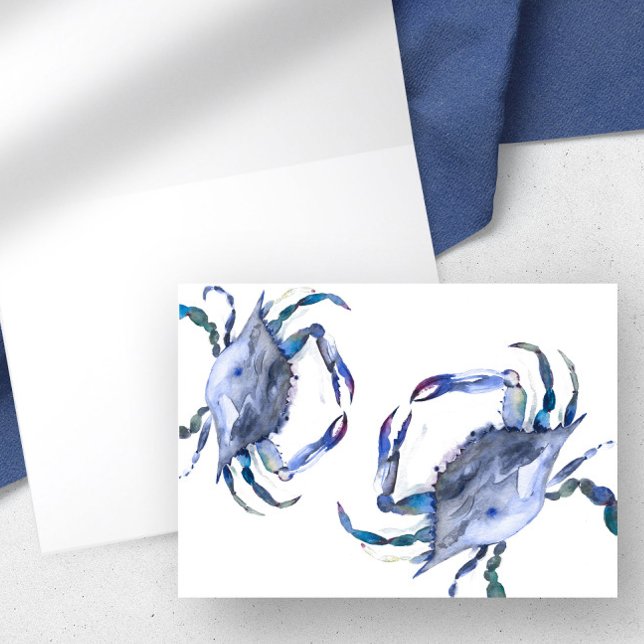 Dentro Vazio de Cartões Azul-Cria (Watercolor crab folded notecard in shades of blue by Victoria Grigaliunas of Do Tell A Belle)