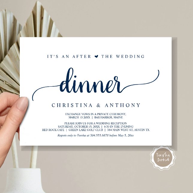 Depois do Convite de Jantar de Casamento, Convite  (It's An After The Wedding Dinner, Elopement Invitation Card, Modern Rustic Script in Navy Blue.)