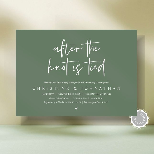 Depois do nó amarrado, Poste o convite Brunch (After the knot tied, Modern Post wedding Brunch Lunch Dinner Invitation Card, PDF, Forest Sage Green)