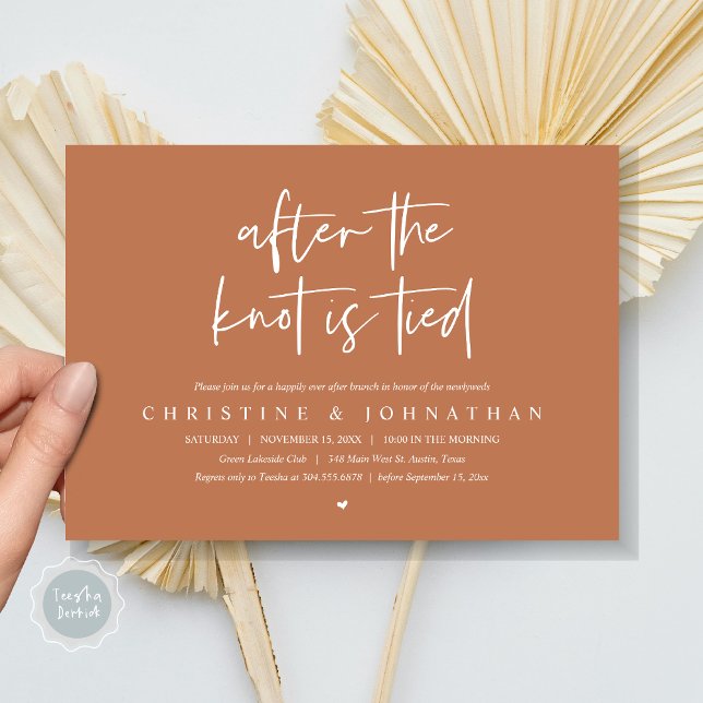 Depois do nó amarrado, Poste o convite Brunch (After the knot tied, Modern Post wedding Brunch Lunch Dinner Invitation Card, PDF, Copper Brown)