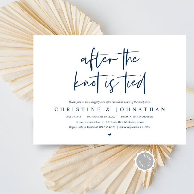 Depois do nó amarrado, Poste o convite Brunch (After the knot tied, Modern Post wedding Brunch Lunch Dinner Invitation Card, PDF, Navy Blue)