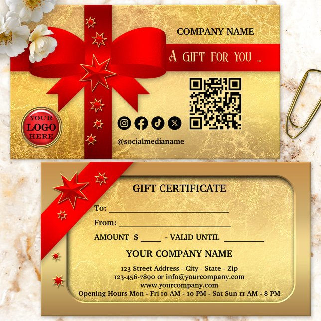 Desconto Cartão Presente de Natal Dourado Red Ribbon (A festive Christmas Holiday gift certificate featuring a red ribbon on a gold veined background)