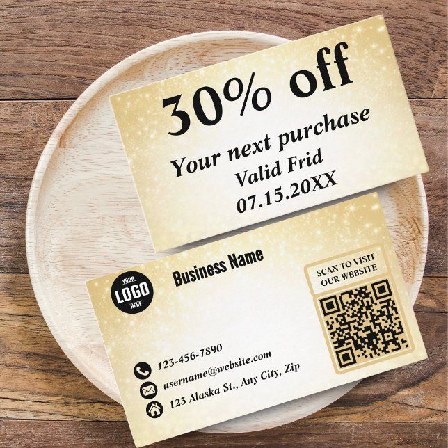 Desconto de fidelidade do Código QR Dourado da Gli (Glamorous Glitter Gold QR Code Loyalty Discount Cards for Beauty Businesses)