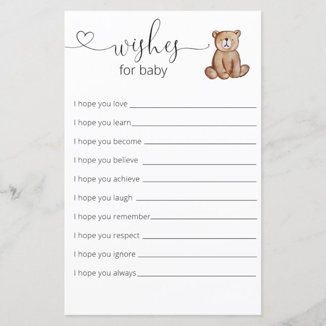 Desejos de Chá de Bebê do Urso da Floresta para o  (Frente)