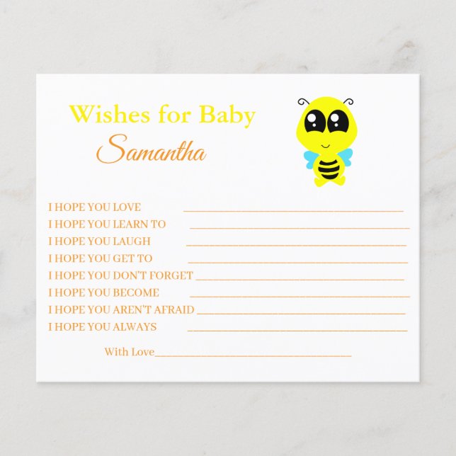 Desejos para um bebê, abelha, cartão de convite pa (Frente)