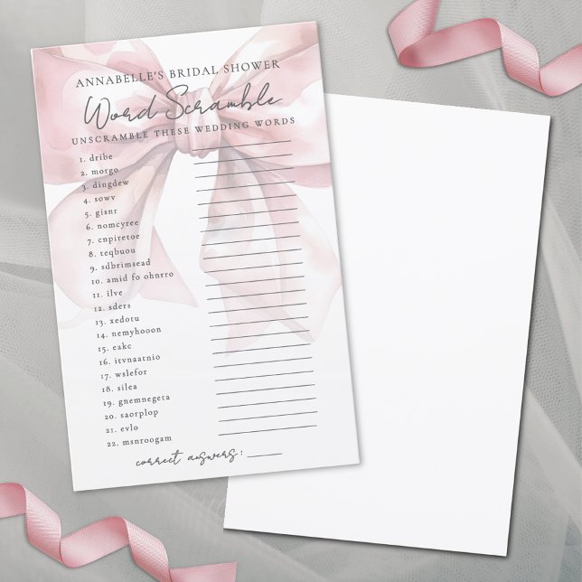Desembaralhe as Palavras Rosa Cor de Rosa Laço Jog (Word Scramble Blush Pink Bow Bridal Shower Game)