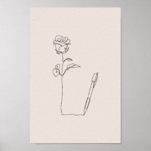 Desenho a Caneta de Rosa - Poster Floral e Preto