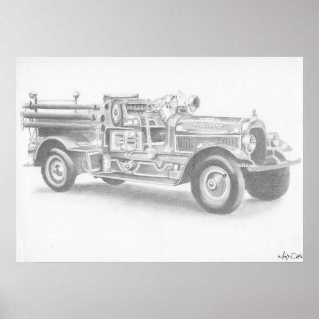 Desenho a lápis de caminhão de bombeiros pôster gr (Frente)