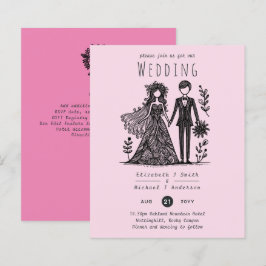Desenho à Mão Casamento Cartoon Noiva Noivo Rosa