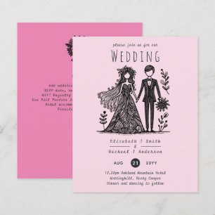 Desenho à Mão Casamento Cartoon Noiva Noivo Rosa