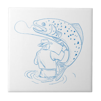 Desenho da pesca da truta do pescador da mosca