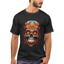 Desenho de Caveira Steampunk em uma Camiseta Preta
