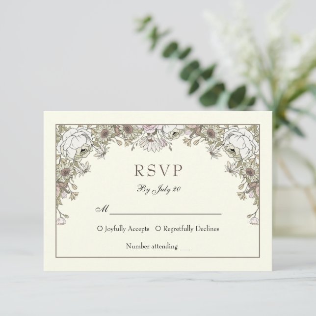 Desenho de flores marfim romântico casamento rsvp  (Em pé/Frente)