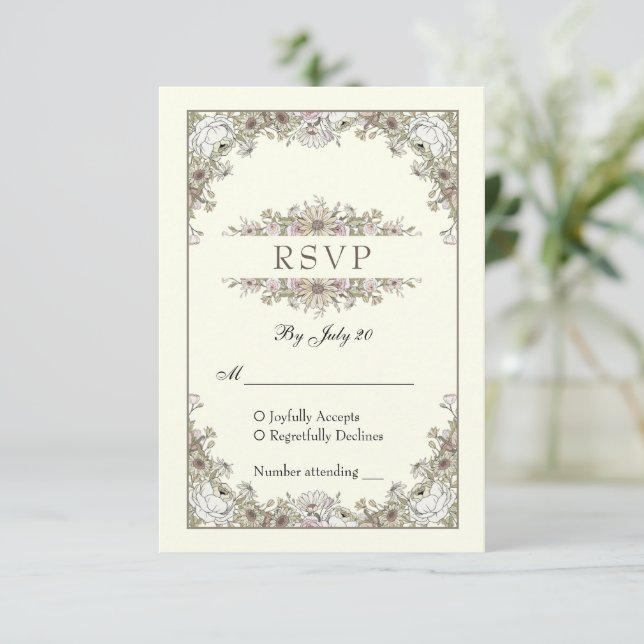 Desenho de flores marfim romântico casamento rsvp  (Em pé/Frente)