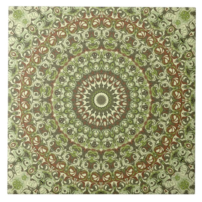 Desenho de Padrão de Mandala Terroso em Verde e Ma (Frente)