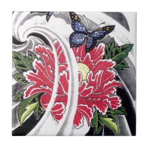 Desenho de Tatuagem de Flor de Peônia e Borboleta