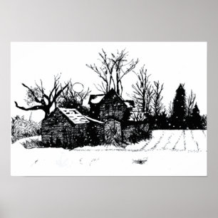 Desenho de tinta Fazenda antiga de inverno Poster