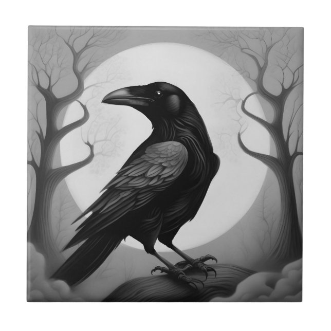 Desenho de um corvo em fundo preto e branco (Frente)