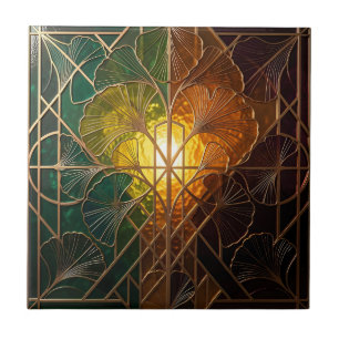 Desenho de Vidro Colorido Folha de Ginkgo Art Déco