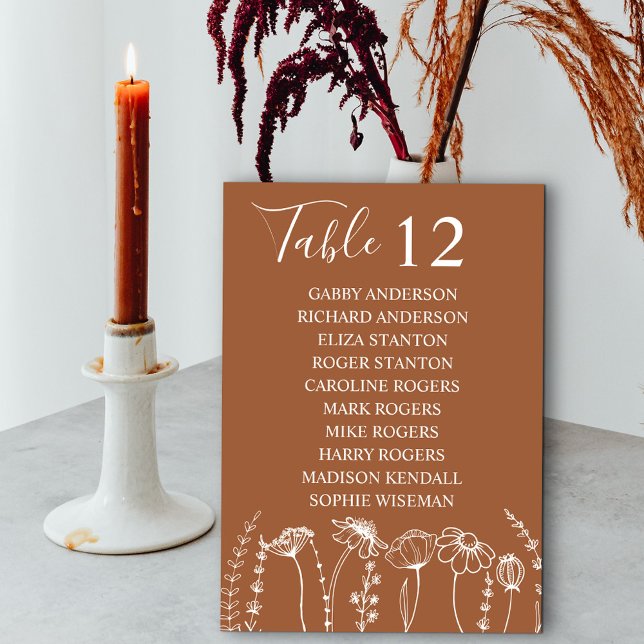 Desenho Desenho Laranja Número De Mesa (Table Number with Guest Names in Terracotta Burnt Orange, from my Wildflower Sketch collection)