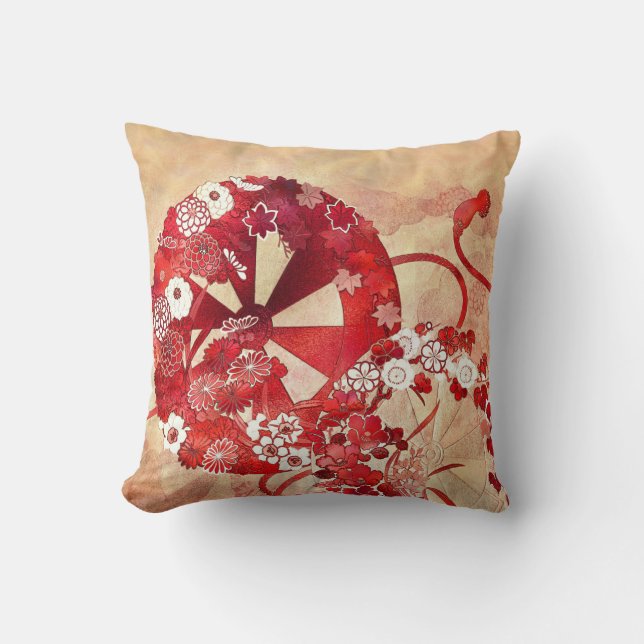 Desenho Oriental em Almofada Vermelha, Marrom e Cr (Frente)
