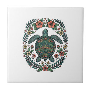 Desenho Vetorial Floral de Tartaruga Marinha Vinta