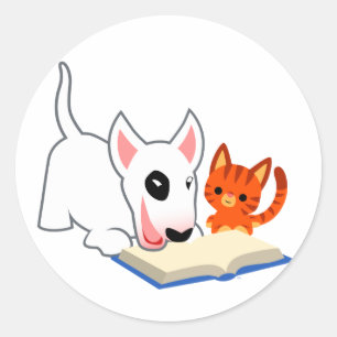 Desenhos animados Bullie e gatinho com etiqueta do