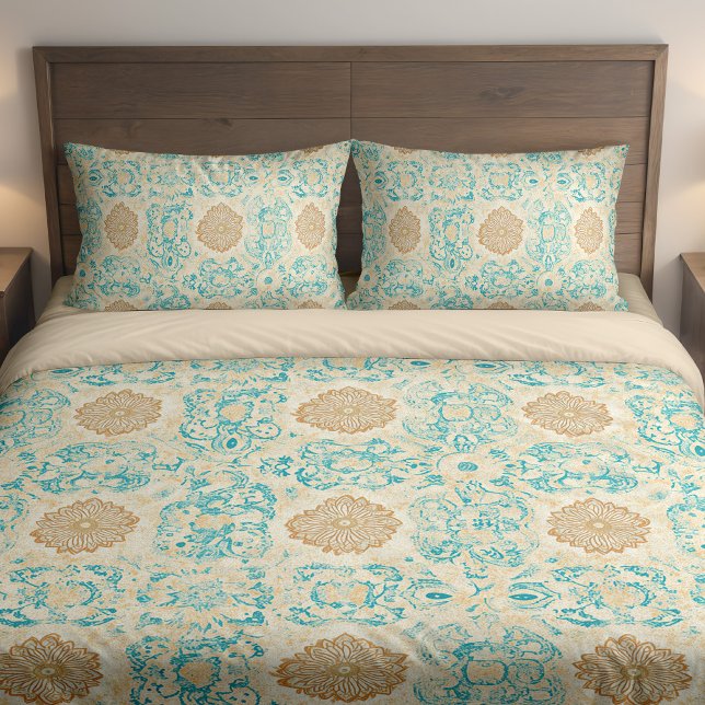 Desert Dream Vintage Sand & Turquoise Blooms (Desert Dream Vintage Sand & Turquoise Blooms Pillow Case in a brown boho double bed.)