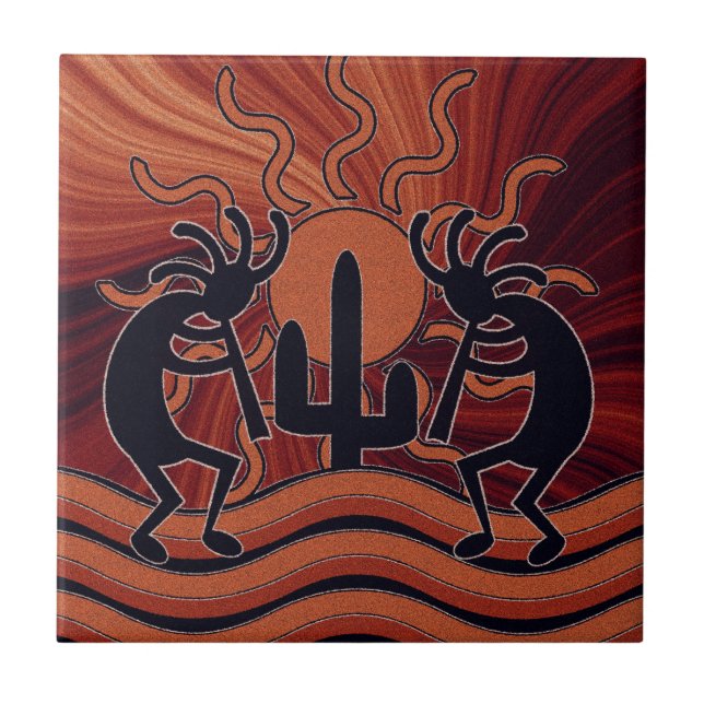Desert Sun Cactus Southwest Kokopelli Azulejo cerâ (Frente)