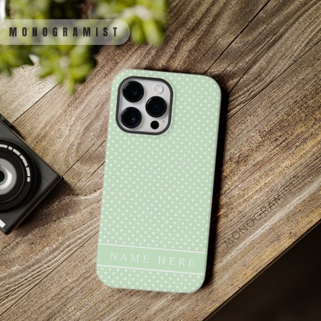 Design de Bolinhas branca verde de Pastel pálido (Custom Pale Pastel Green White Polka Dot Design Case-Mate iPhone Case)