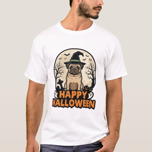 Design de Camisa Vintage Pug Feliz Halloween Bruxa (Frente)