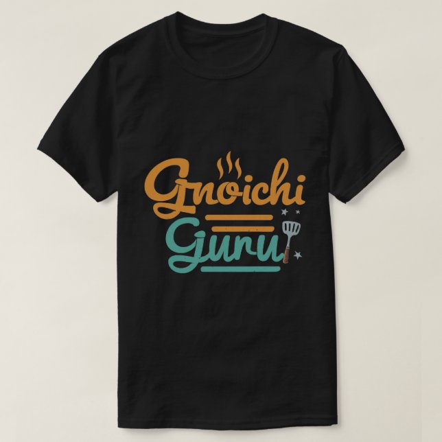 Design de camiseta com o texto "Gnocchi Guru". (Frente do Design)