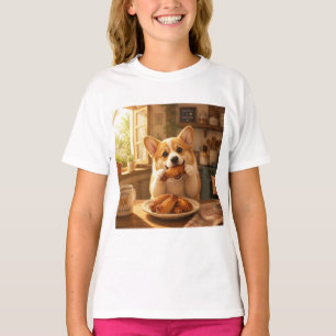 design de camiseta de cachorro comendo frango