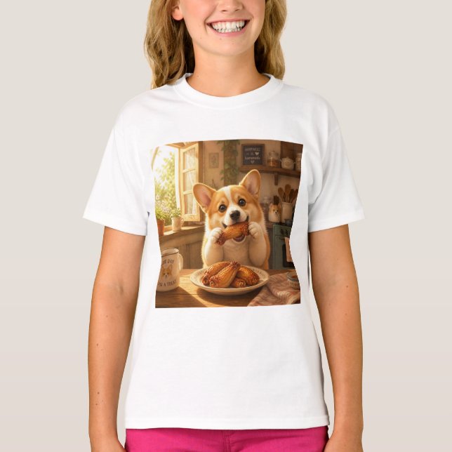 design de camiseta de cachorro comendo frango  (Frente)