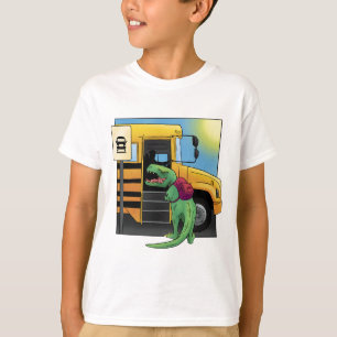 design de camiseta do dinossauro no ônibus escolar