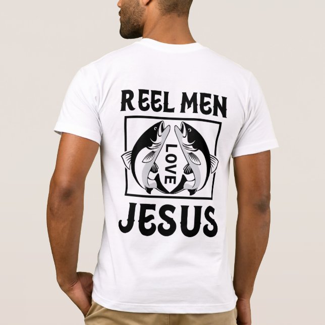 Design de Camiseta Moderna "Reel Men Love Jesus" (Verso)
