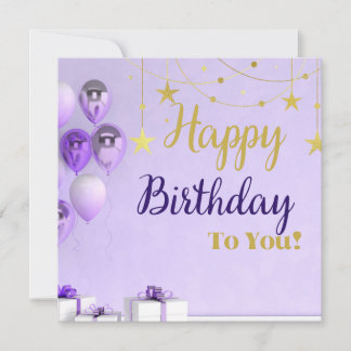 Design de cartão de aniversário roxo e dourado