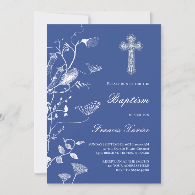 design de chinoiserie azul | Convite Baptism (Frente)