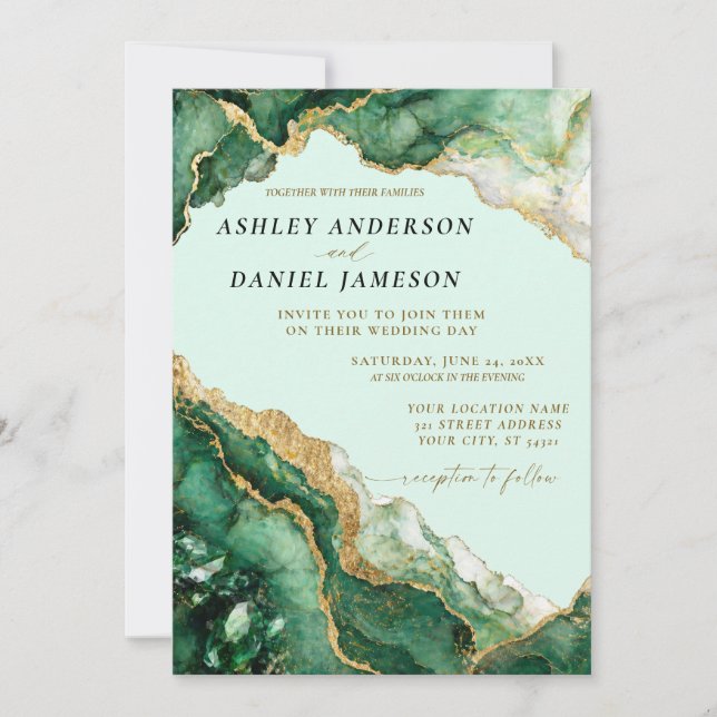 Design de Convite de Casamento Esmeralda Verde (Frente)