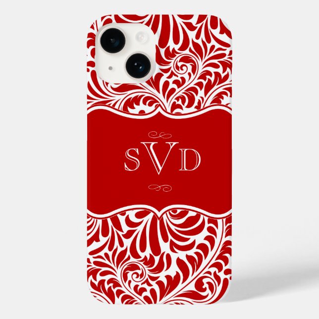 Design de Damasco Vermelho Monogramas iPhon person (Verso)