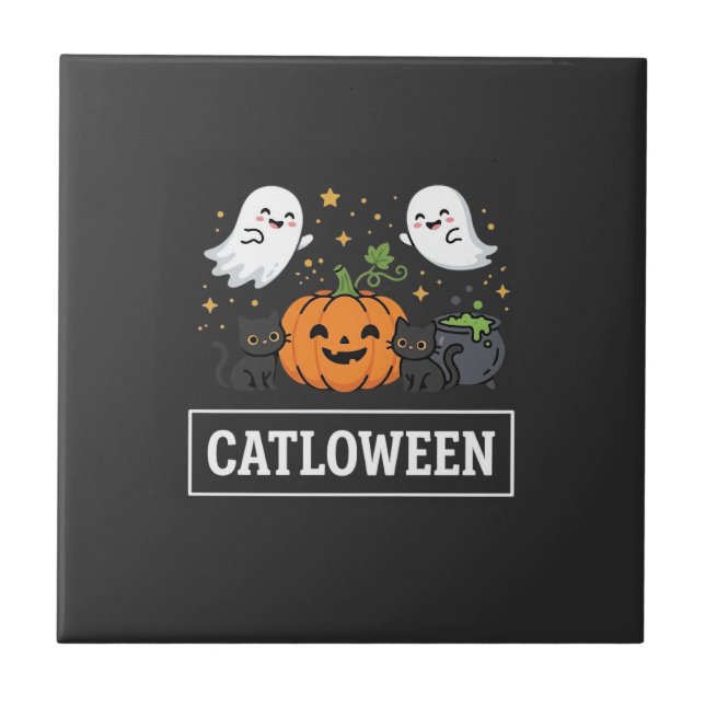 Design de Gato Fantasma Fofo Catloween de Hallowee (Frente)