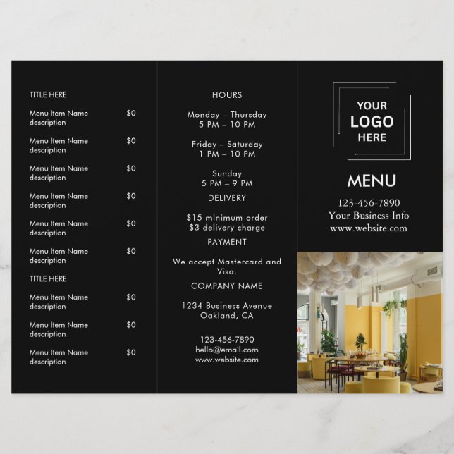 Design de Menu de Takeout de Restaurante Preto Mod (Frente)